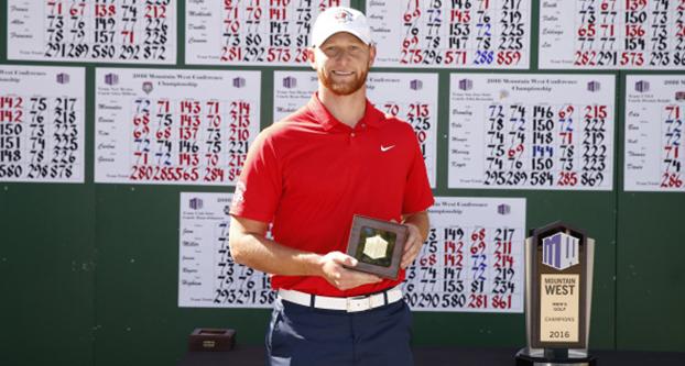 Fresno State junior Trevor Clayton poses with his trophy after the 2016 Mountain West Men's Golf Championship at the Omni Tucson National Resort in Tucson, Arizona. (Trevor Brown Jr./NCAA Photos) 