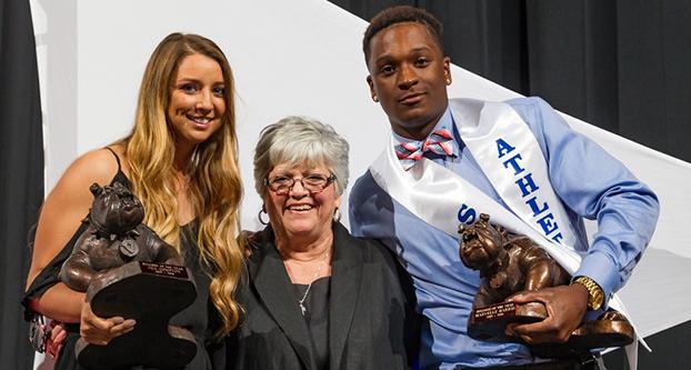 Seniors Jill Compton (left) and Marvelle Harris (right) were named “Bulldogs of the Year” at the Night of Champions gala Monday night at the Save Mart Center. (Fresno State Athletics)