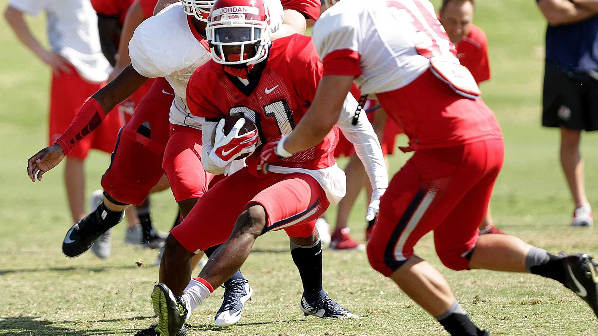 Running back Dontel James rushes through the defense during a practice on Aug. 16. (Fresno State Athletics)