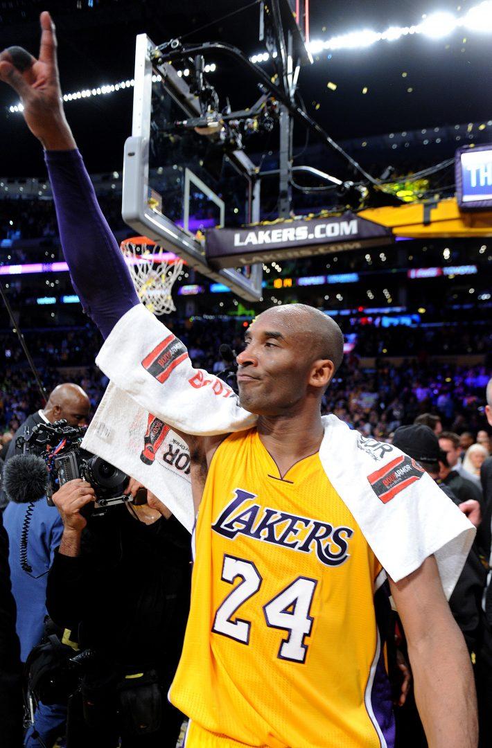 The Los Angeles Lakers Kobe Bryant salutes the crowd after his final game, on Wednesday, April 13, 2016, at Staples Center in Los Angeles. Bryant scored 60 points in a 101-96 victory against the Utah Jazz. (Wally Skalij/Los Angeles Times/TNS)