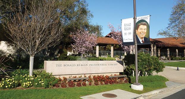 The Reagan Library sign at the entrance to the courtyard. (Courtesy of the Ronald Reagan Presidential Library)