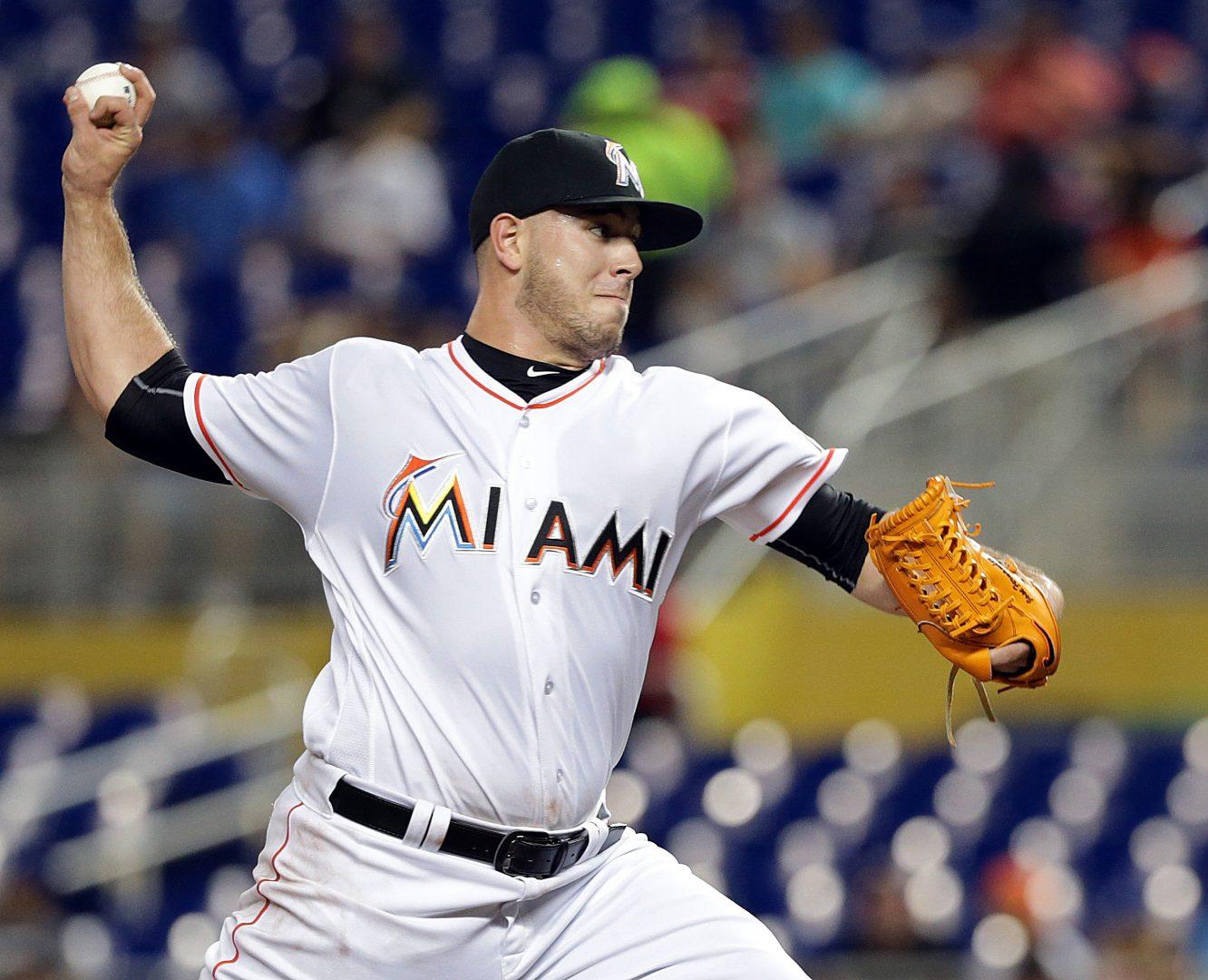 The Miami Marlins Jose Fernandez pitches in the first inning against the Los Angeles Dodgers at Marlins Park in Miami on Thursday, Sept. 9, 2016. (Pedro Portal/Miami Herald/TNS)