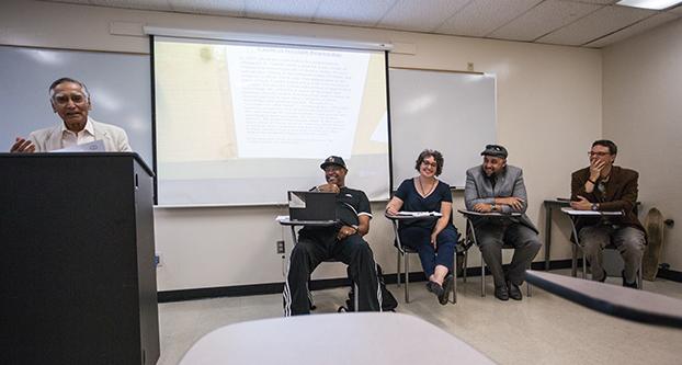  Dr. Sudarshan Kapoor (far left), introduces the panel of guest speakers during his peace building and conflict transformation class in the Family and Food Science Building on Sept. 21, 2016.  From left to right: Pastor B.T. Lewis, Rabbi Laura Novak, Reza Nekumanesh, and Dr. Christopher Breedlove. (Khone Saysamongdy/ The Collegian)