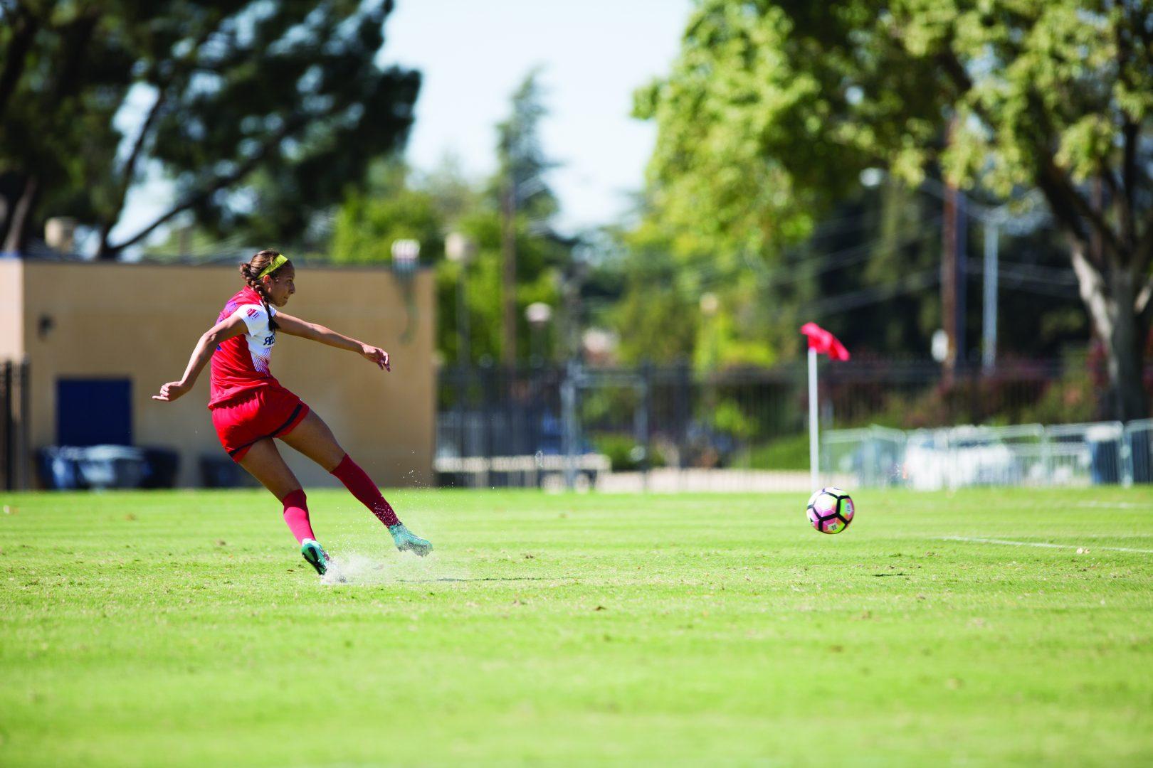 Myra Delgadillo scores a goal off a penalty kick during a home game against New Mexico on Sunday afternoon. (Christian Ortuno/The Collegian)