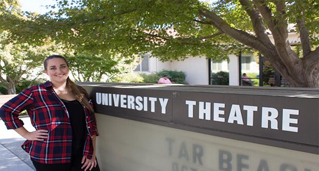  Emilea Paulson, stage manager for university theater productions, outside of the University Theater at Fresno State.