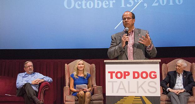 Fresno State Alumnus Anthony Rubino speaks at the Top Dogs Talk event at Maya Cinemas on Oct. 13, 2016. (Christian Ortuno/The Collegian)