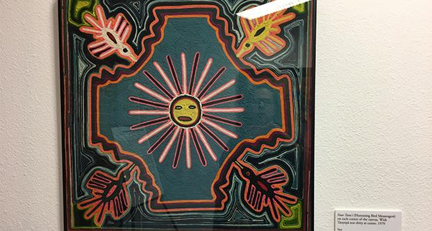 This is an art piece created by a Huichol artist (unnamed) that was displayed at the Juan Felipe Herrera Exhibit as a part of Art Hope in downtown Fresno last Thursday (Marcus Karby/The Collegian)