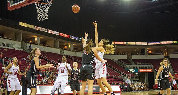 Junior center Bego Faz Davalos (#4) shoots the ball over Azusa Pacific’s Casey Wortley (#34) on Friday evening at the Save Mart Center. (Khone Saysamongdy/The Collegian)
