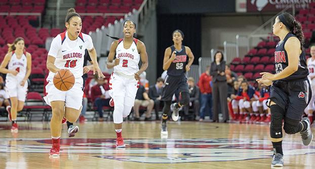 Sophomore guard Candice White (#10) dribbles down the court during a home game against CSUN (Cal State University Northridge) on Friday, Nov. 18, 2016. (Christian Ortuno/The Collegian)