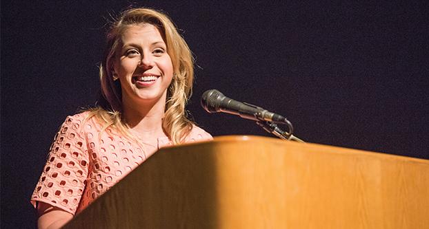 Jodie Sweetin shares her story of alcohol and drug abuse, as well as her journey to recovery at the Satellite Student Union on Nov. 17, 2016. Sweetin is known for her role as Stephanie Tanner in the show Full House. (Khone Saysamongdy/The Collegian).