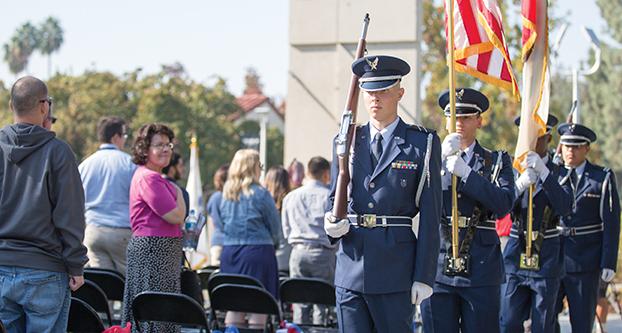 Officers of the Fresno State Air Force Reserve retire the colors at the Veterans Memorial Service on Nov. 10, 2016 (Christian Ortuno/The Collegian). 