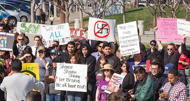 Participants of the Fresno Stands with our Undocumented Community Rally gather in front of City Hall on Jan. 27, 2017. (Christian Ortuno/The Collegian)