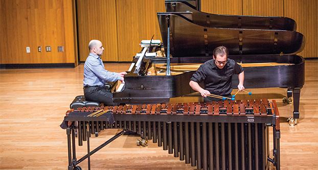 Micah Davison plays the marimba at the Music Concert Hall during the Fresno State Concerto Competition rehearsal on Jan. 20, 2017.  (Khone Saysamongdy/The Collegian)