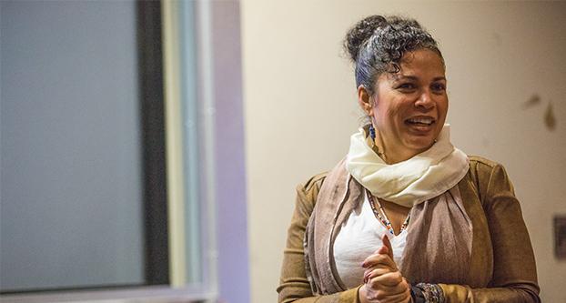 Dr. Melina Abdullah, with a degree in political science and African-American Studies, gives a speech in the Peter’s Educational Center on Feb. 16, 2017. Abdullah spoke on topics such as: sexism in the Black community, Black men supporting Black women, stereotypes of Black women and women-led activism. (Khone Saysamongdy/The Collegian)
