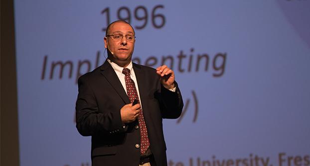 Dr. Matthew Ari Jendian’s speaks about diversity during the Fresno State Talks at the Satellite student Union on Feb. 15, 2017. (Daniel Avalos/The Collegian)