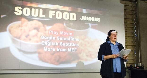Anthropology professor Dvera Saxton introduces the film ‘Soul Food Junkies’ on Feb. 3 in the Henry Madden Library. (Yezmene Fullilove/ The Collegian)