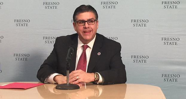 Fresno State President Dr. Joseph Castro speaks at a press conference, addressing the protest that planned to occur during Recruit Down the 99” on Wednesday, March 15  (Jessica Johnson/The Collegian).