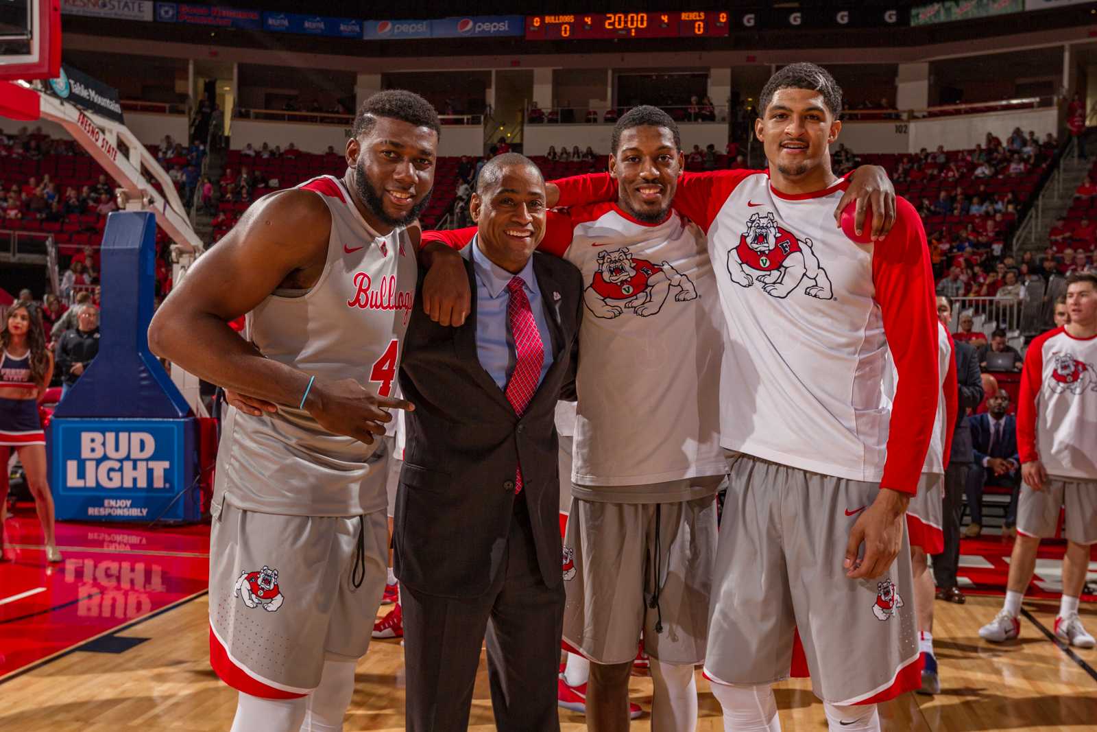 Left to right: Senior Karachi Edo, head coach Rodney Terry, senior Paul Watson, and senior Cullen Russo on Fresno State men’s basketball senior night at the Save Mart Center on Saturday, March 4, 2017. (Courtesy of Fresno State Athletics)