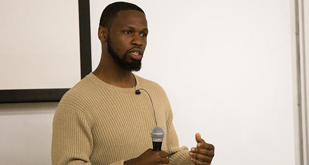 Death Row exoneree, Isaiah McCoy, delivers a speech in McLane Hall to discuss his experience on death row and being wrongfully convicted on Wednesday, April 19, 2017. (Christian Ortuno/the Collegian)