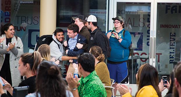 Blake Zante is congratulated by his friends for winning the ASI presidency after months of campaigning at the Pavilion in the USU on March. 30, 2017.  (Christian Ortuno/The Collegian)