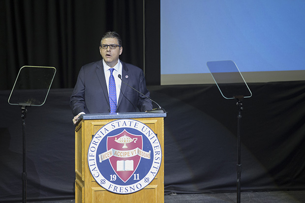 Fresno State President Dr. Joseph Castro gives the 2017 Fall Assembly address to faculty and staff in the Save Mart Center on Aug. 17, 2017. (Daniel Avalos/The Collegian)