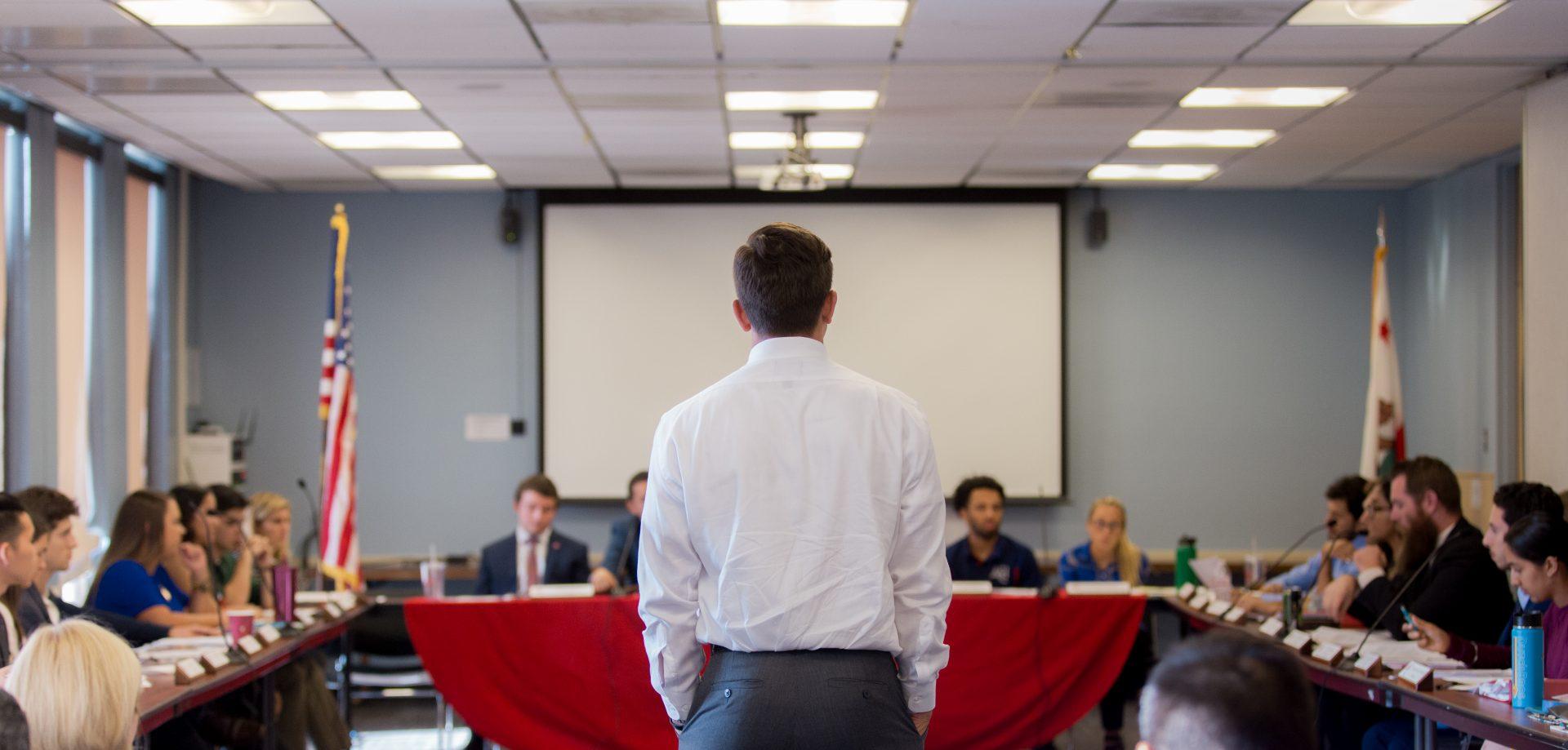 Fresno State Student Veterans Organization President, Jed Soberal addresses Associated Students Incorporated senators during an ASI meeting on Sept. 20, 2017. Soberal, along with many veteran students, are advocating for a veterans resource center. (Alejandro Soto/The Collegian)