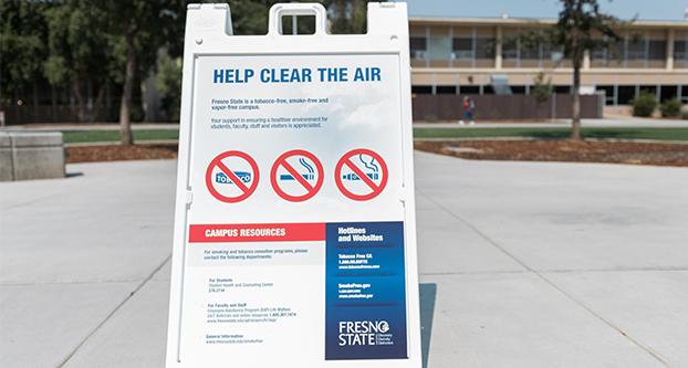 Fresno State has begun its campaign to ‘Help Clear the Air.’ As of Sept. 1, 2017, Fresno State, along with the other 22 CSU campuses, have prohibited the use of tobacco products. (Alejandro Soto/The Collegian)