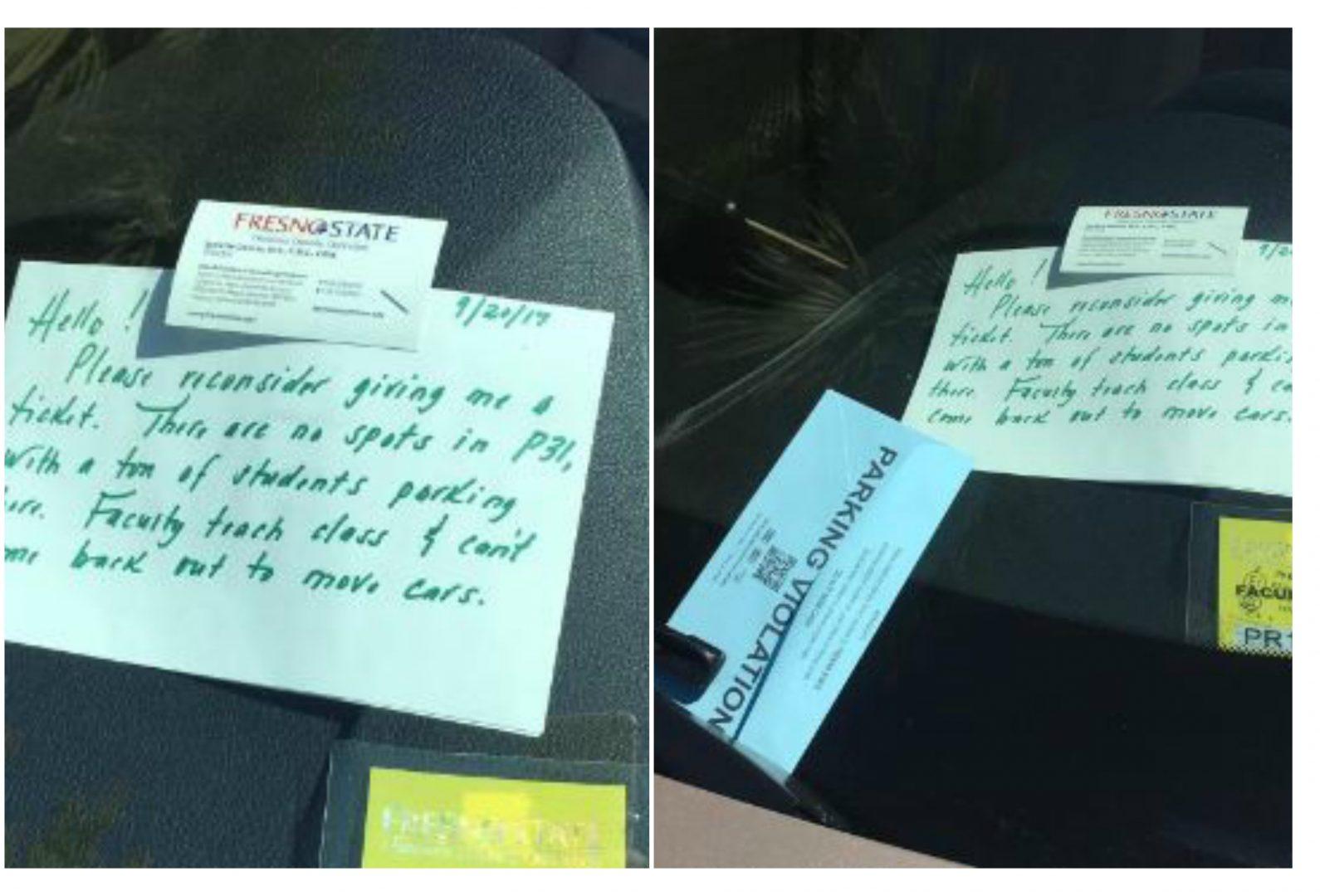 A note left by a Fresno State employee asking parking police not to ticket her if she went over the 30-minute parking limit. Parking enforcers ignored the request.