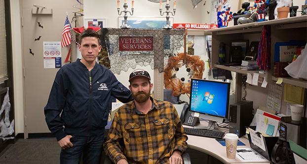 Cody SedaÃ±o (left) and Nathan Bryson (right) showing The Collegian the small size of the Veterans Certifying Office, Oct. 19, 2017, in the Joyal Administration Building North Lobby at Fresno State. They hope to get a brand new office built for them since the small size is not enough for the resources they need. (Benjamin Cruz)