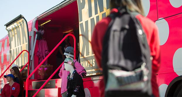 The Victoria’s Secret PINK bus makes a stop at Fresno State on Oct. 2, 2017 as part of its college campus tour. The bus sold PINK products such as T-shirts, bras, water bottles, and phone cases (Alejandro Soto/The Collegian). 