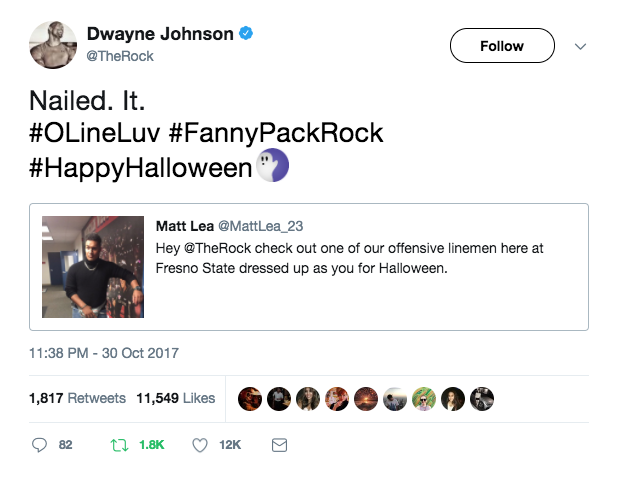 A screenshot shows Dwayne The Rock Johnson commending a Fresno State student on his outfit. (Twitter)