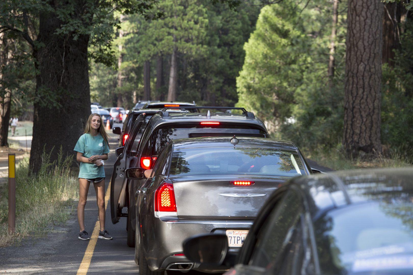Traffic is at a standstill and visitors are out of their cars on the valley floor while a bus lane is empty and off-limits to visitors at Yosemite National Park July 15 2017. (Brian vander Brug/Los Angeles Times/TNS)