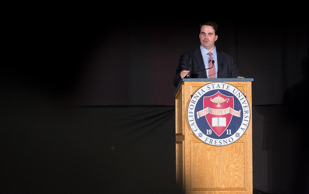 Journalist Robert Costa gives a presentation about President Trump’s Washington as part of the President’s Lecture Series on Oct. 16, 2017.  (Alejandro Soto/ The Collegian Archive)