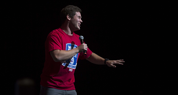 The main act of the Big Show, Adam Devine, begins the show’s last act of the night on Thursday, Oct. 12 at the Save Mart Center. The Big Show presented Adam Ray, Fortune Feimster and Adam Devine, and was a part of Fresno State’s Homecoming Week events. (Benjamin Cruz/The Collegian)
