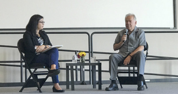 Women’s Studies professor Dr. Larissa Mercado-Lopez (left) moderates a discussion and Q&A with award-winning producer Moctesuma Esparza (right) on Wednesday, as part of a day-long celebration of the 20th anniversary of his film “Selena.” (Selina Falcon/The Collegian)