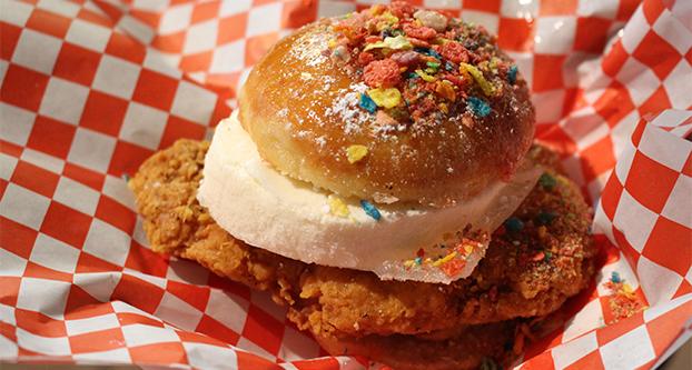 A Krispy Kreme chicken ice cream sandwich can be purchased for $12 at Chicken Charlie’s. (Alvaro Lozano/The Collegian)

