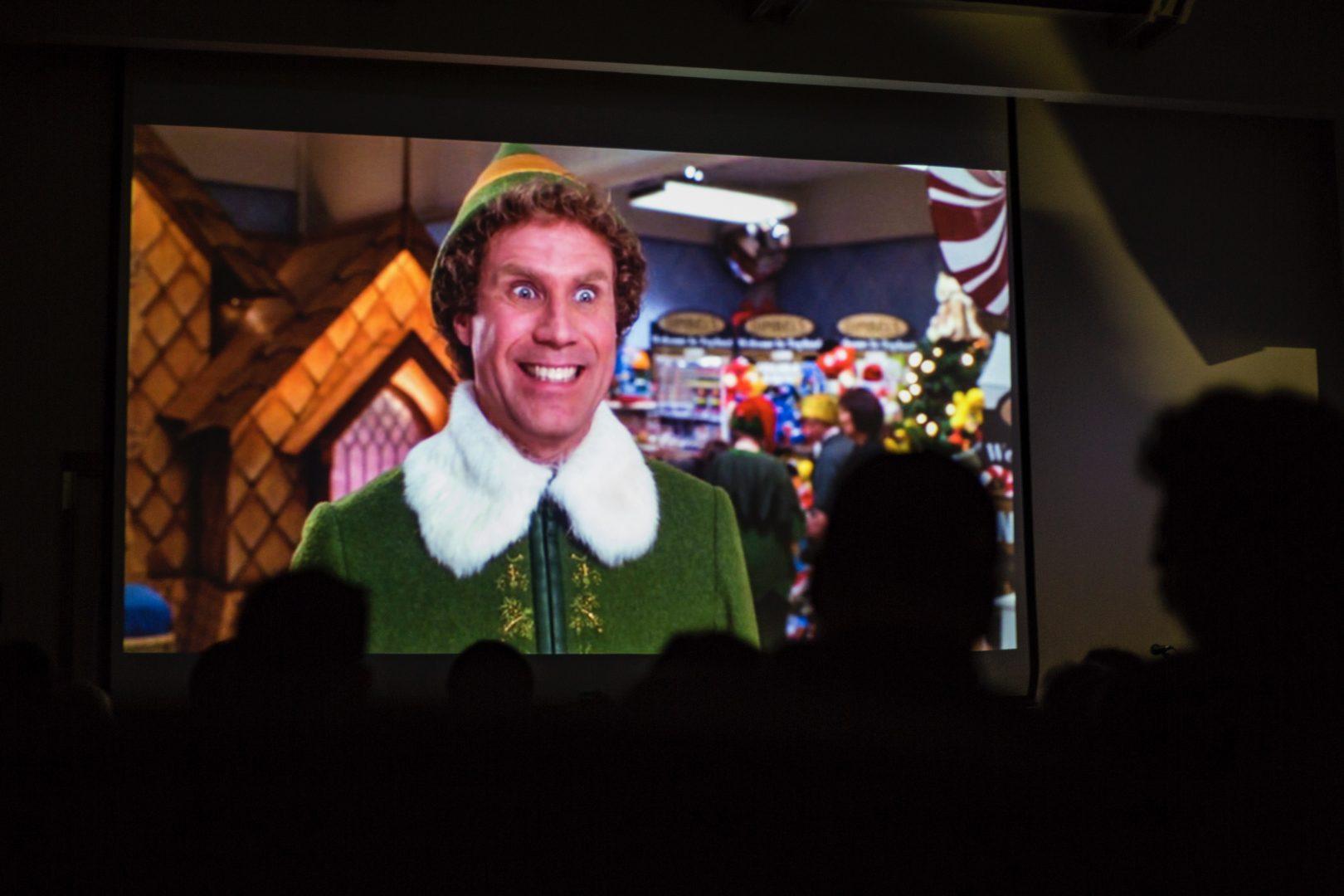 Students watch the movie “Elf,” during a pajama party in the Peters Business Building, to kick of Fresno State’s first-ever Day of Giving. (Daniel Avalos/The Collegian)
