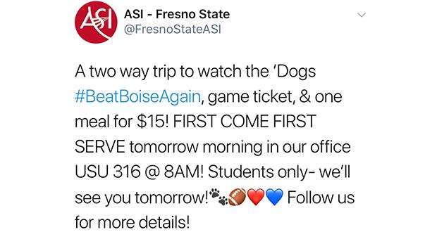 Associated+Students+Inc.+tweeted+on+Nov.+27%2C+2017%2C+that+it+will+be+selling+50+tickets+for+the+Mountain+West+Championship+between+Fresno+State+and+Boise.