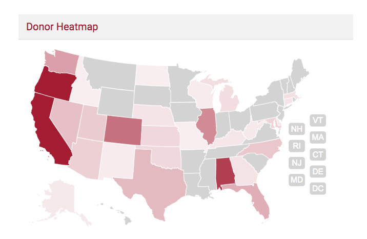 Fresno State Day of Giving heat map. 29 states donated to the 24-hour online fundraiser and raised more than $400,000. 