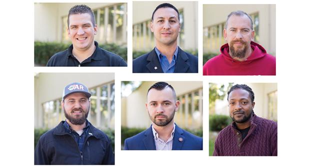 (Top left) Mark Swanson. Air Force (Top middle) Chad Gilbuena, Army (Top right) Michael Bloom, Navy (Bottom left) Robert Cicchinelli, Navy Seabees (Bottom middle) Jordan Cody, U.S. Marine Corps (Bottom right) Karlton Brown, Army. (Daniel Avalos/The Collegian)
