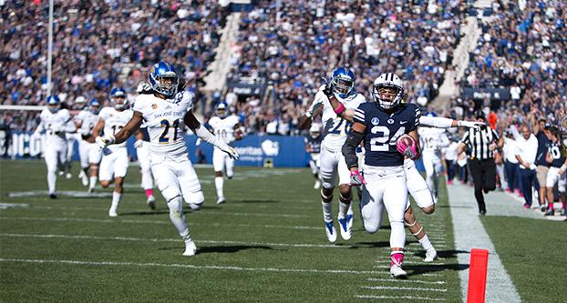 BYU running back KJ Hall scores a 75-yard touchdown against San Jose State on Oct. 28, 2017. Hall finished the game with 112 yards but left injured in the first half. (Dani Jardine/The Daily Universe)