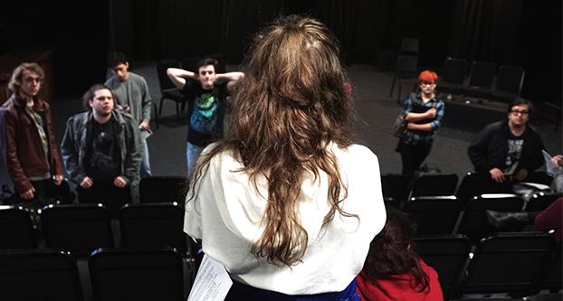 Director Jana Price prepares actors before the rehearsal for And Then There Were None, the upcoming production by Fresno States Experimental Theatre Company on Thursday, Nov. 2. (Eric Zamora/The Collegian)