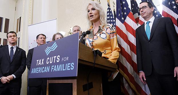 White House counselor Kellyanne Conway, with GOP senators and Treasury Secretary Steven Mnuchin, speaks during a news conference on tax reform at the Capitol on Tuesday, Nov. 7, 2017 in Washington, D.C. (Olivier Douliery/Abaca Press/TNS)