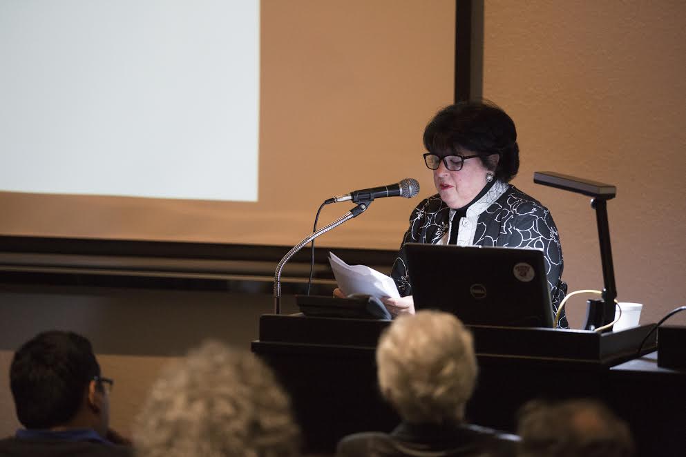 Adrienne G. Alexanian speaks about her fathers experience in the book Forced Into
Genocide at Fresno State on Nov. 14, 2017. Alexanian is the editor of Forced Into
Genocide. (Megan Trindad/The Collegian)