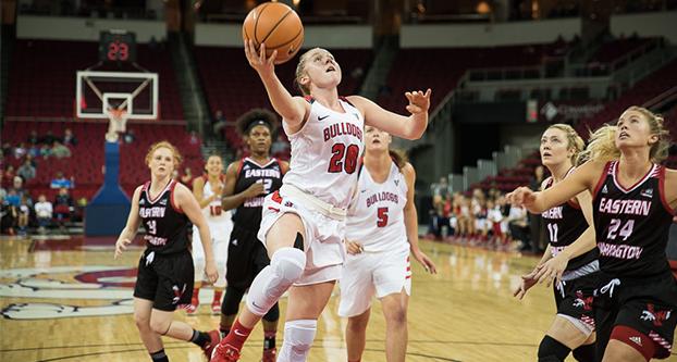Freshman Bree Delaney shooting 15 points and leading the ‘Dogs with 5 assists in their win against the Eastern Washington Eagles 56-81, Nov. 10, 2017 at the Save Mart Center. (Megan Trindad/ The Collegian)