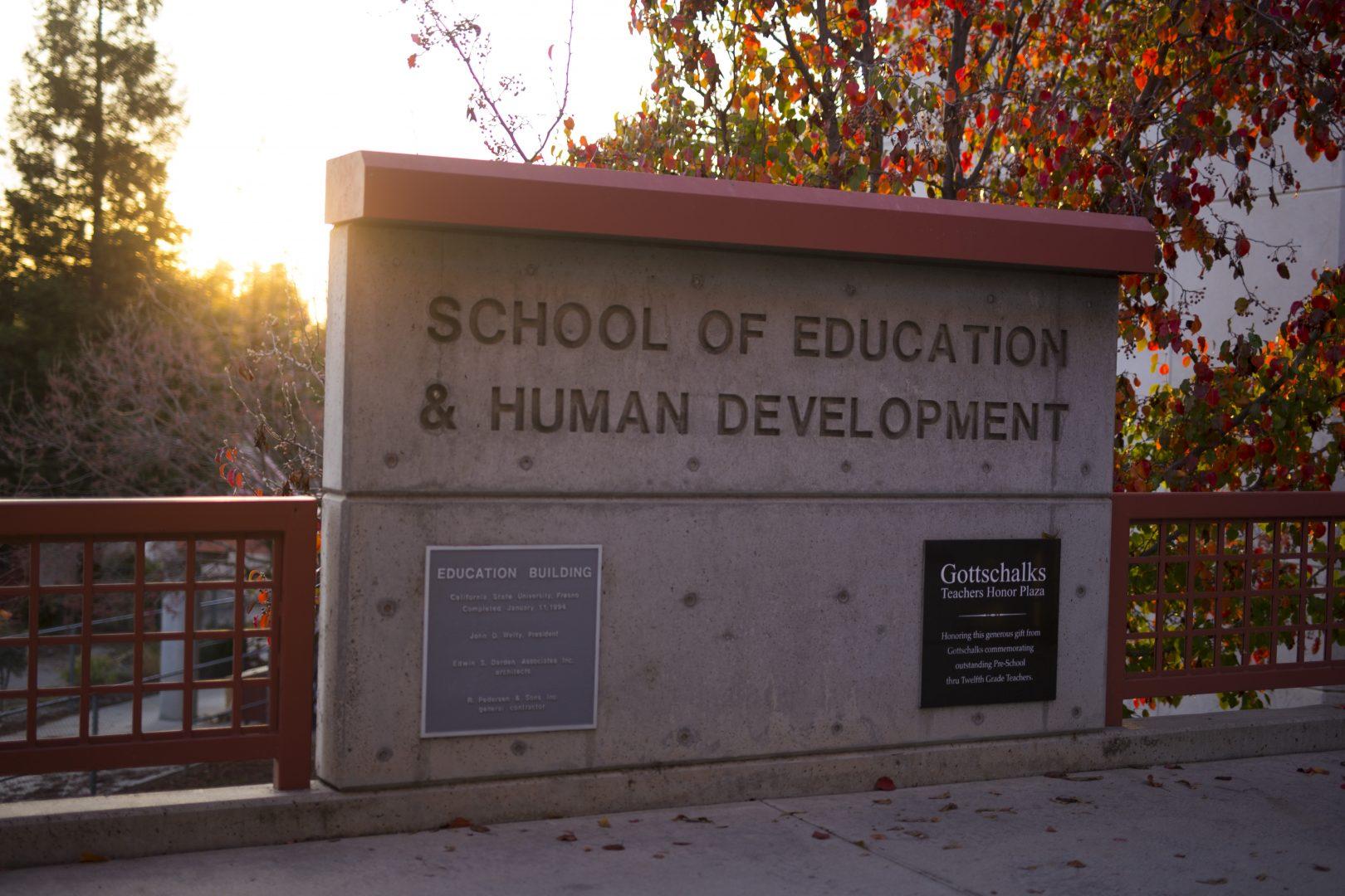 Sign at the front entrance of the Kremen School of Education and Human Development. (Daniel Avalos/The Collegian)