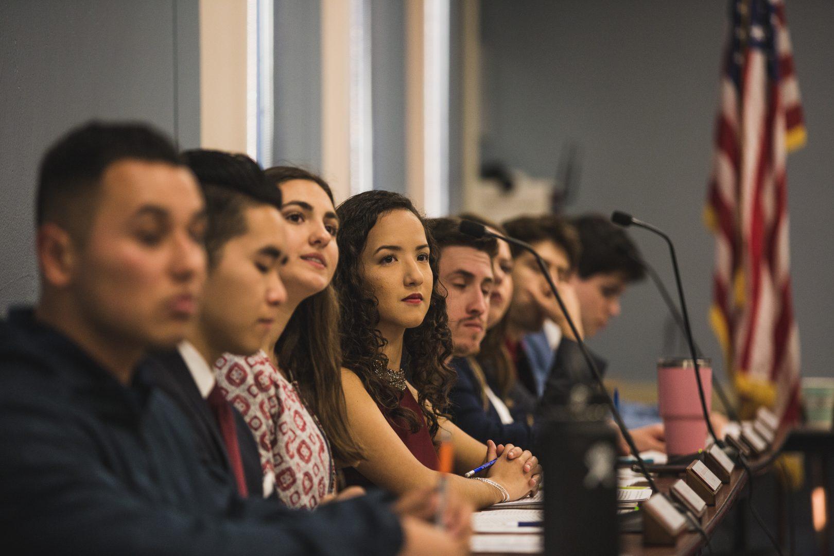Associated Students Inc. senators at the Nov. 29, 2017. At the meeting, free testing materials, Adobe Creative Cloud and examining senator positions were discussed. (Alejandro Soto/The Collegian)