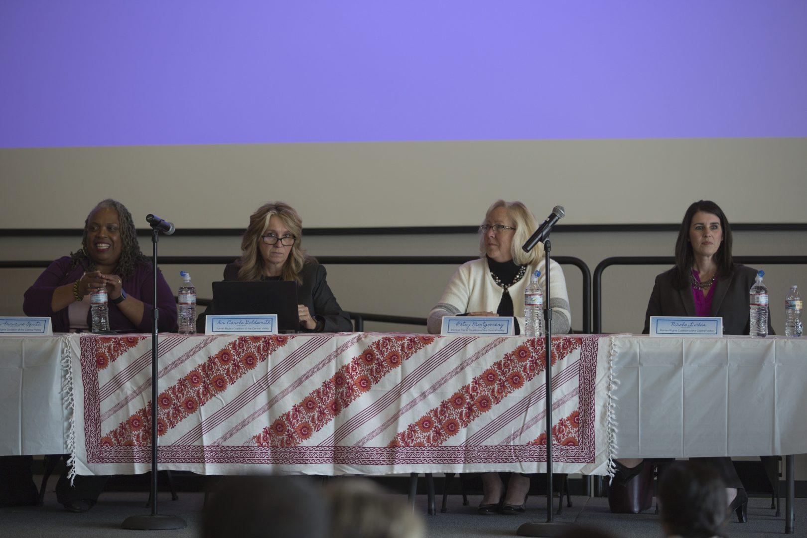Panelists from the “Women’s Rights are Human Rights” event on Dec. 9, 2017 in Fresno State’s North Gym Room 118. (Daniel Avalos/The Collegian)