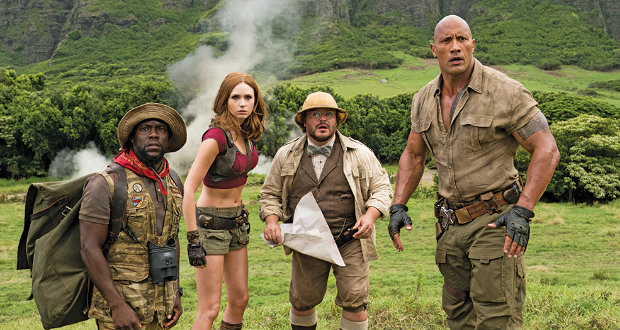 Kevin Hart, Karen Gillan, Jack Black and Dwayne Johnson star in ‘Jumanji: Welcome to the Jungle.’ (Columbia Pictures/Frank Masi)