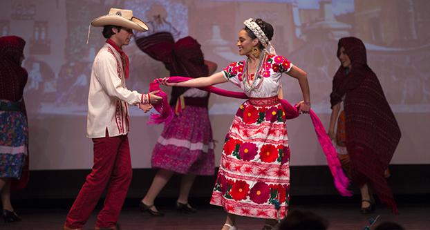 Dancers take the stage in the Satellite Student Union for the 30th annual Christmas in Mexico Folklorico Show, Dec. 2, 2017. (Benjamin Cruz/The Collegian)